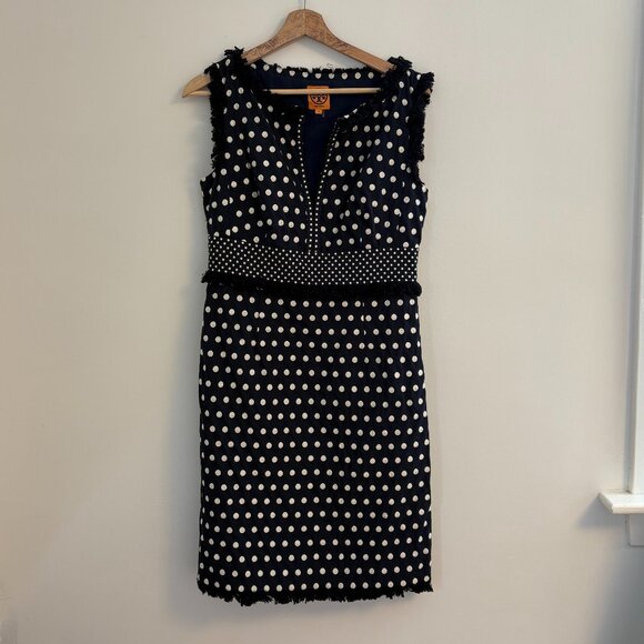 Tory Burch Evelyn Sleeveless Sheath Dress Navy Blue Polka Dot - Size 6 - Picture 2 of 8
